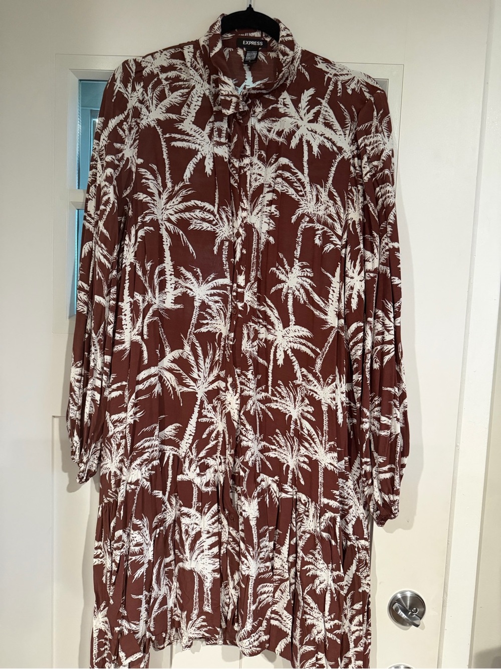 Express Brown and White Palm-Print Tie-Neck Long-Sleeve Dress